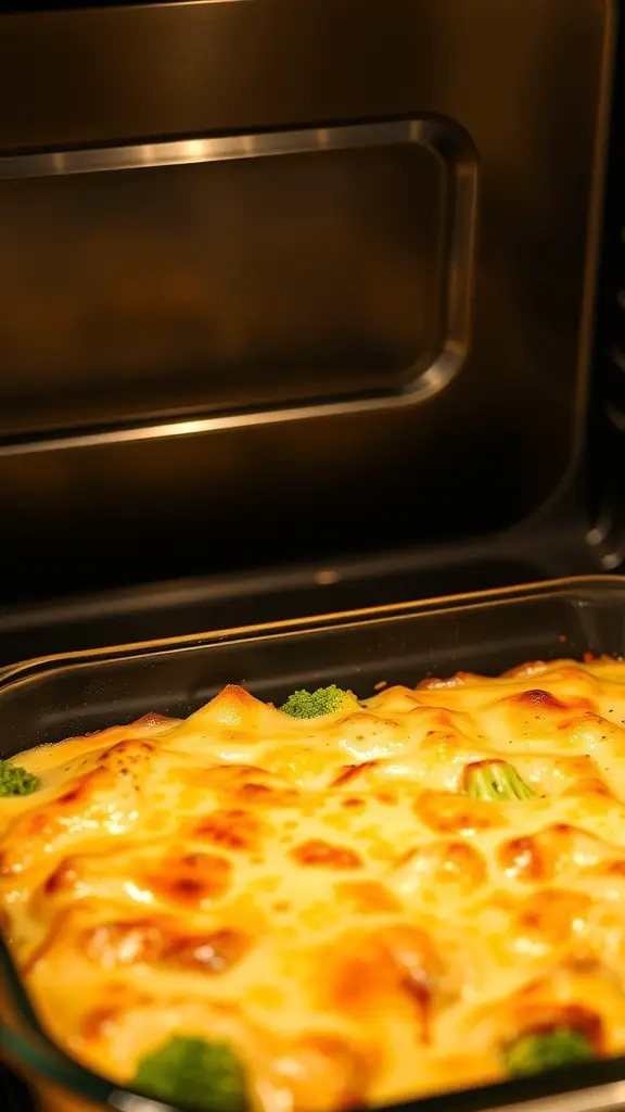 A cheesy broccoli casserole in a glass dish, bubbling and golden brown.