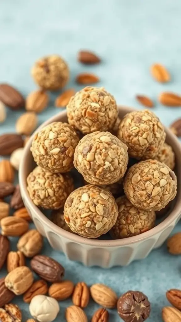 A bowl of nutty energy protein balls surrounded by various nuts.