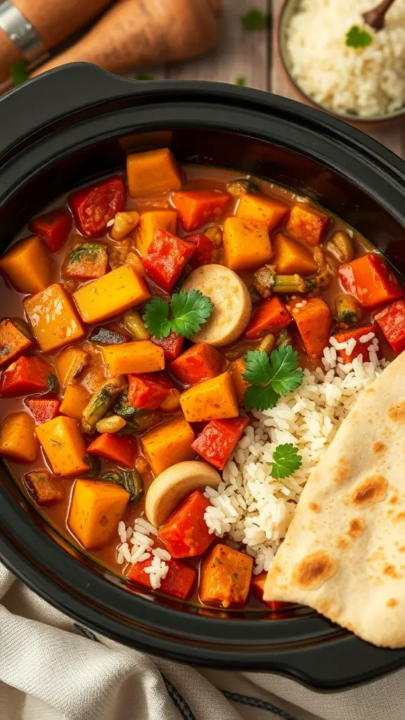 A bowl of colorful vegetable curry with rice and naan, showcasing autumn ingredients.