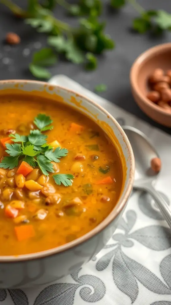 A bowl of Coconut Curry Lentil Soup garnished with fresh herbs, surrounded by ingredients.