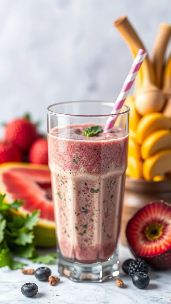 A colorful protein-packed smoothie in a glass with a straw, surrounded by fresh fruits and greens.