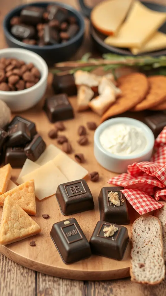 A vegan charcuterie board featuring dark chocolate squares, vegan cheese, crackers, nuts, and coffee beans.