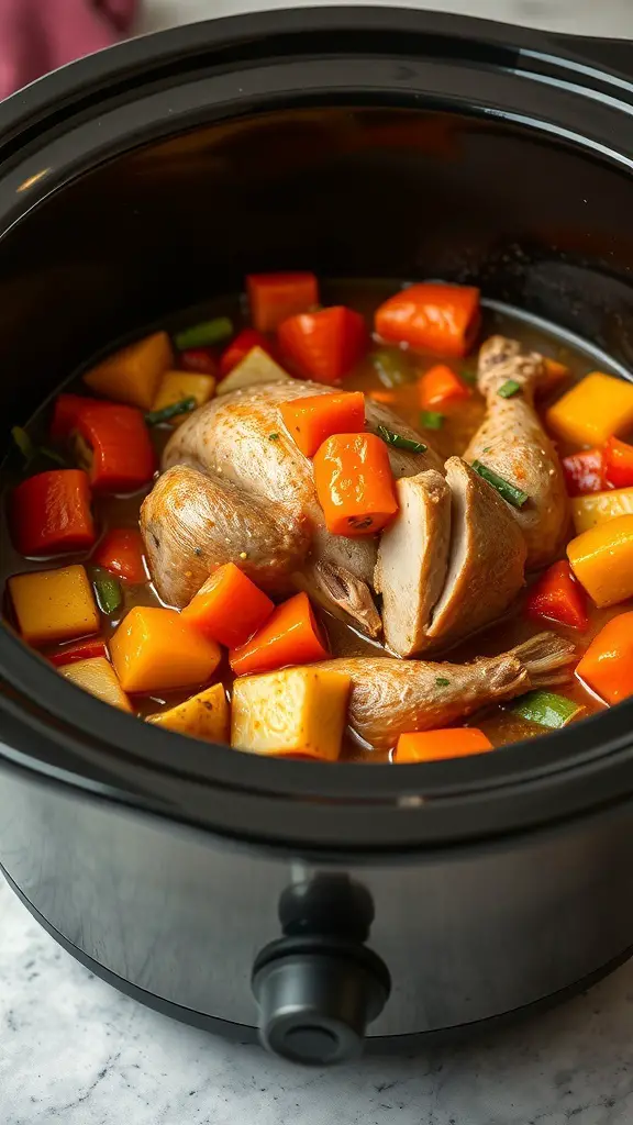 A crockpot filled with turkey and colorful vegetables simmering in broth.