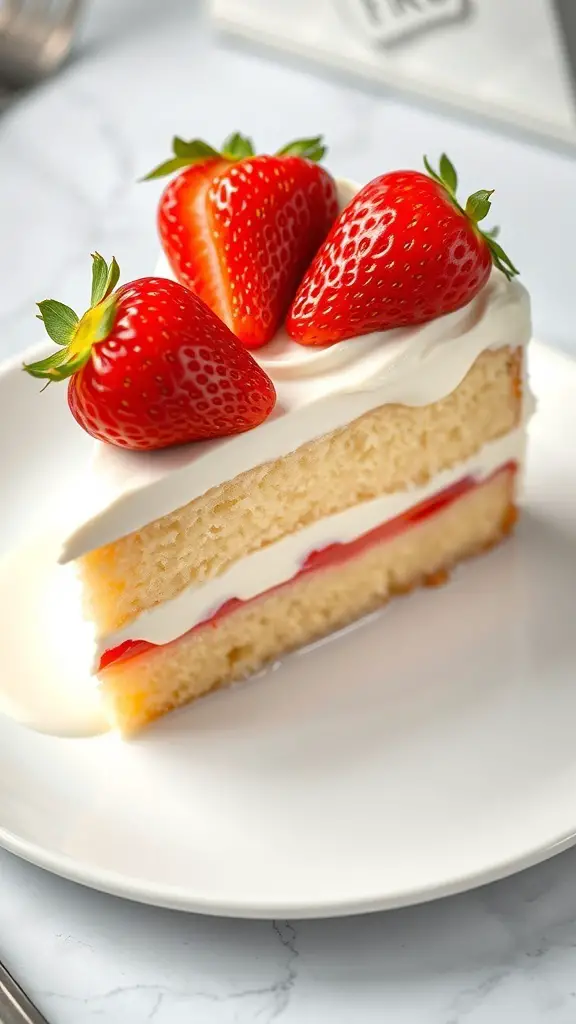 A slice of Tres Leches Cake topped with strawberries on a white plate.