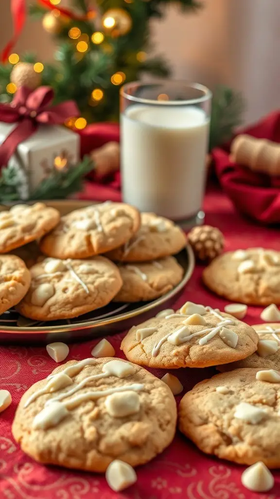 A plate of white chocolate macadamia nut cookies with a glass of milk, set in a festive holiday scene.