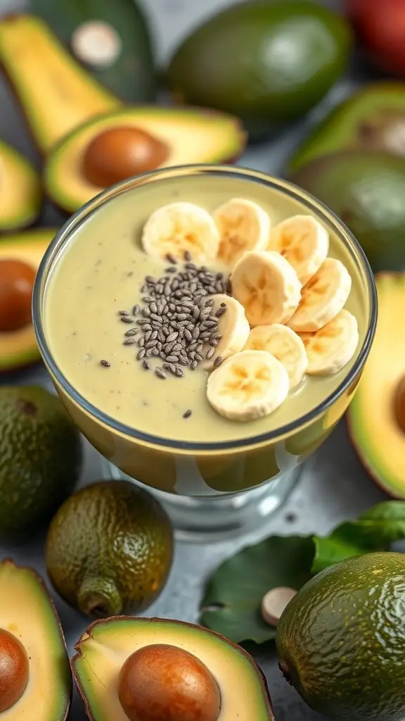 A glass of avocado banana smoothie topped with banana slices and chia seeds, surrounded by fresh avocados.