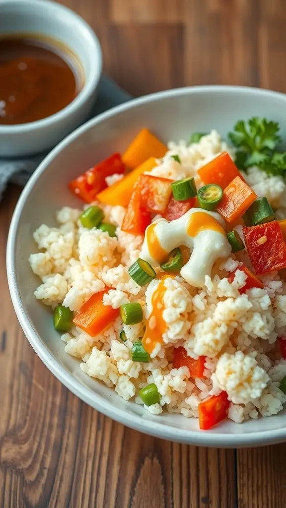 A bowl of cauliflower rice topped with colorful bell peppers, green onions, and sauce.