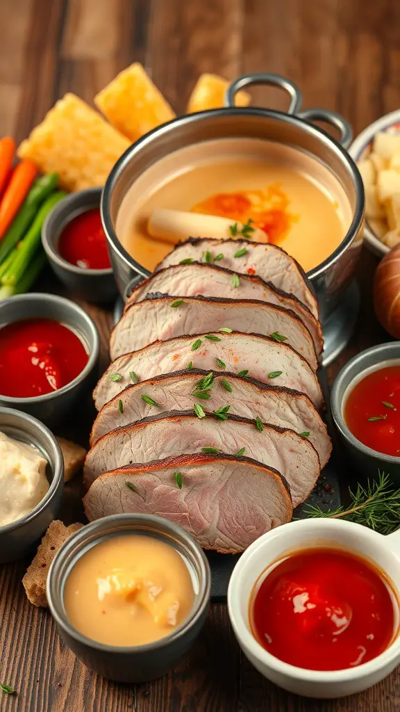 A platter of sliced pork tenderloin with a fondue pot and various dipping sauces.