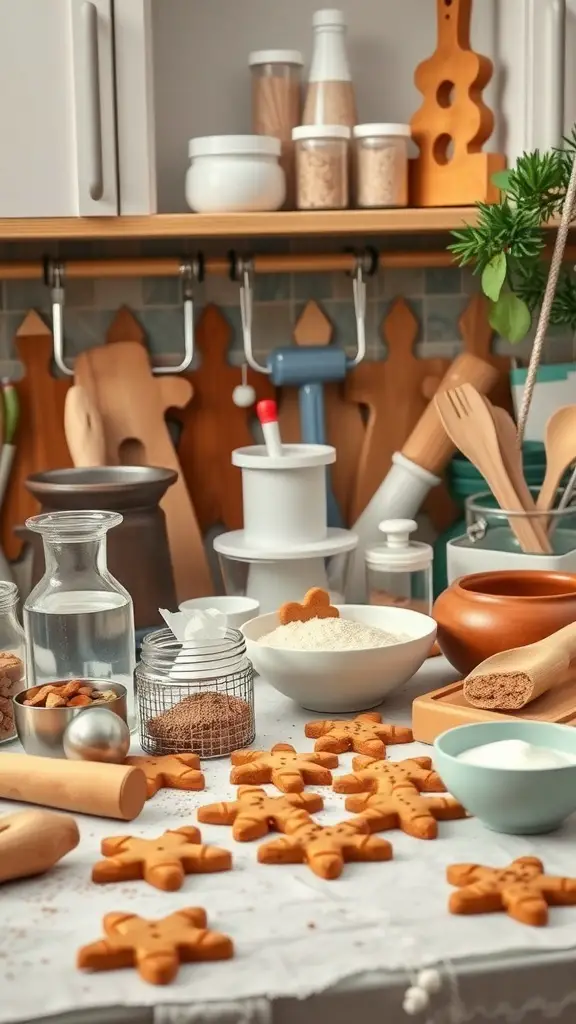 A cozy kitchen setup with gingerbread cookies, baking tools, and ingredients.