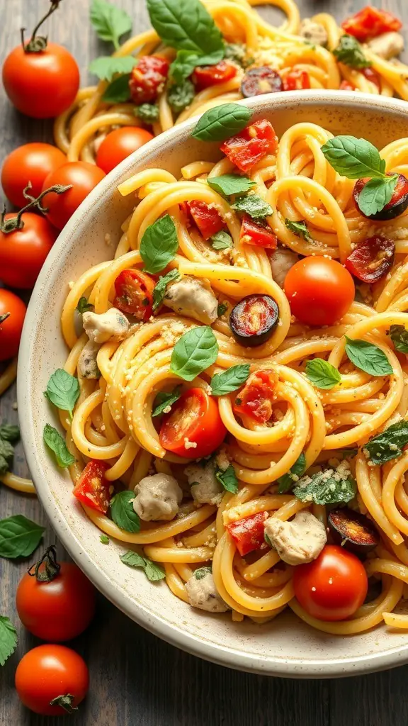 A bowl of vegan pasta primavera bake with cherry tomatoes and fresh herbs.