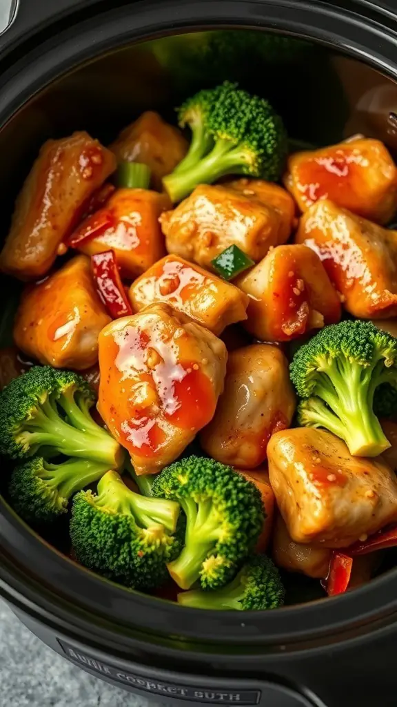 A multicooker filled with honey garlic chicken and broccoli, showcasing vibrant colors and a delicious sauce.