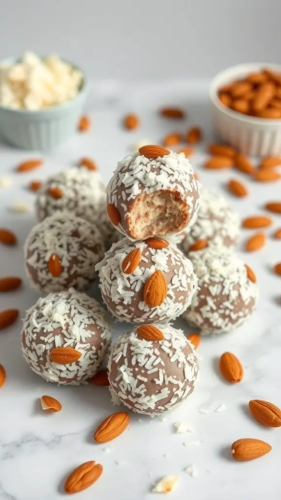 A stack of Almond Joy Protein Balls with almonds and shredded coconut scattered around.