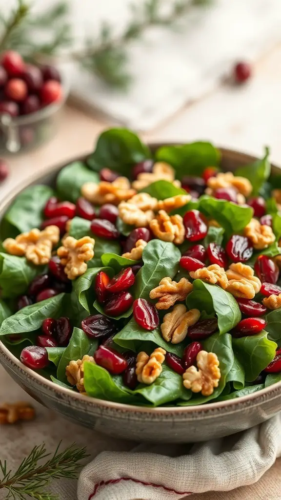 A bowl of winter greens salad with spinach, cranberries, and walnuts.