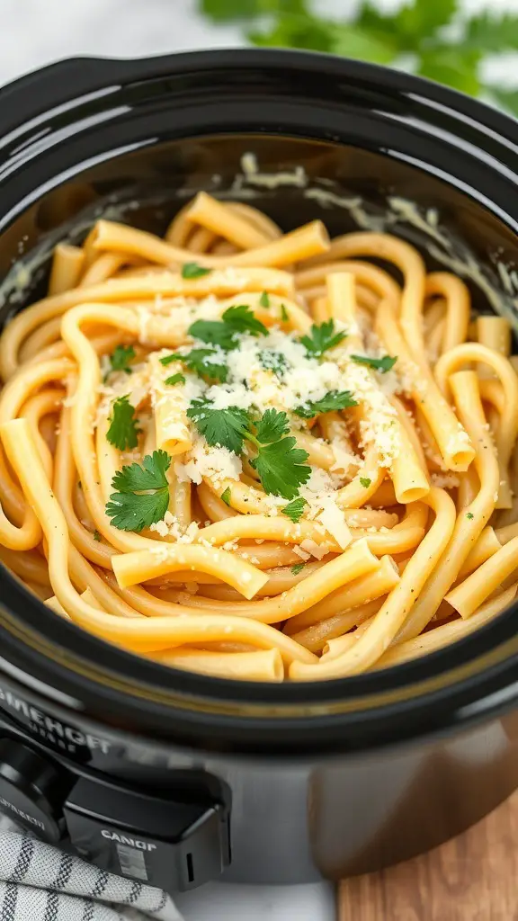 Creamy garlic parmesan pasta in a crockpot, garnished with parsley and parmesan cheese.