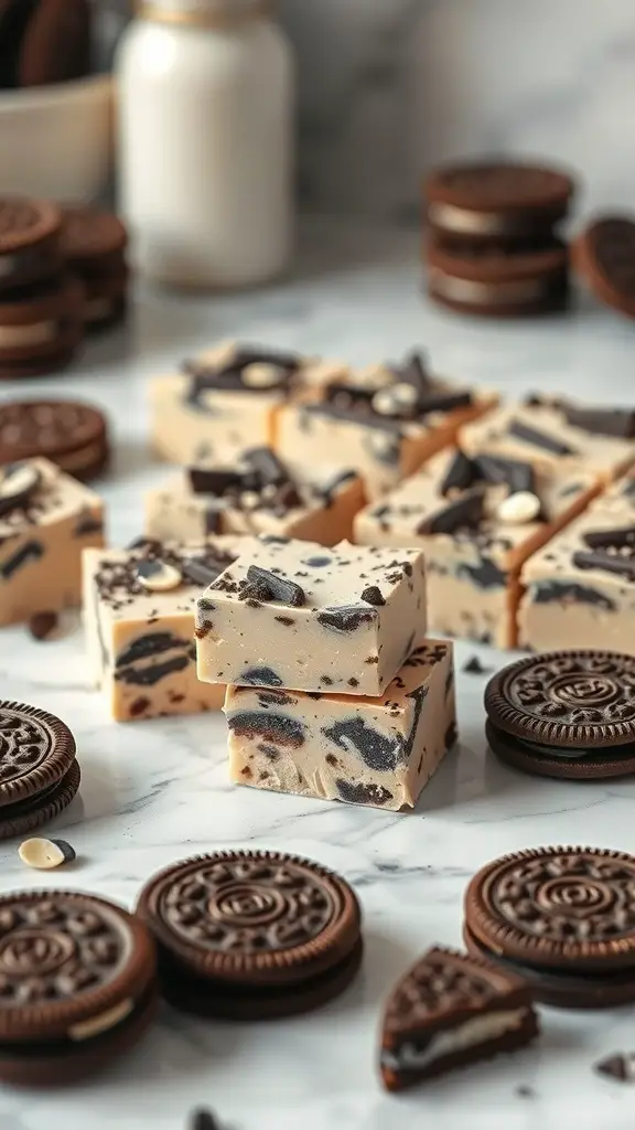 A delicious display of Oreo fudge pieces surrounded by Oreo cookies.
