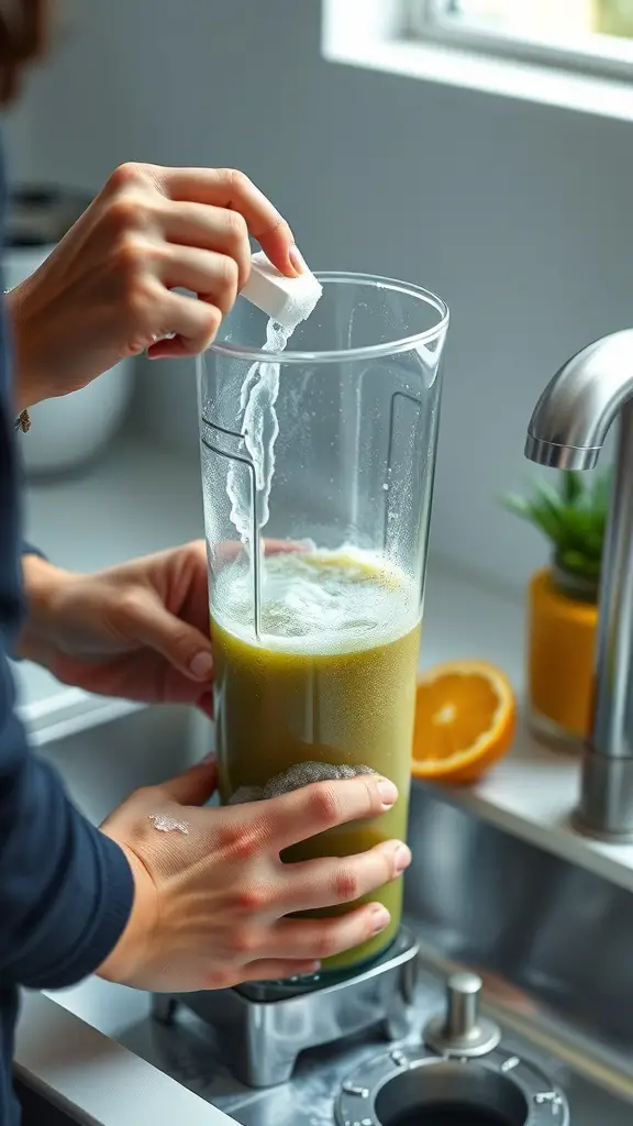 A person cleaning a blender with a cleaning solution in a kitchen sink.