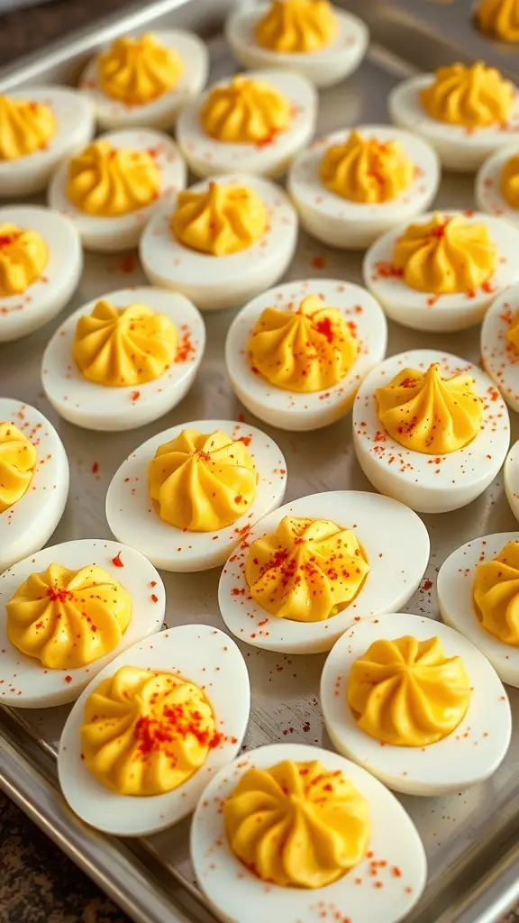 A tray of classic deviled eggs topped with paprika