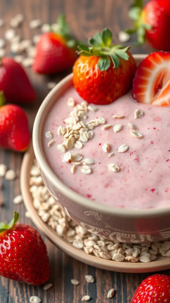A bowl of strawberry oatmeal breakfast smoothie topped with strawberries and oats.
