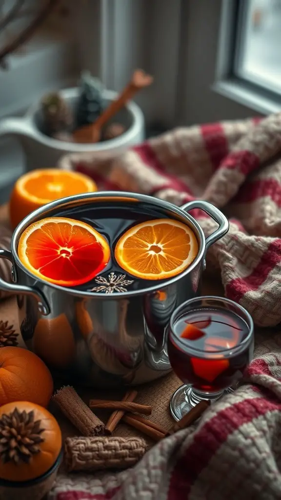 A pot of warm mulled wine with orange slices and spices, surrounded by cozy winter decor.