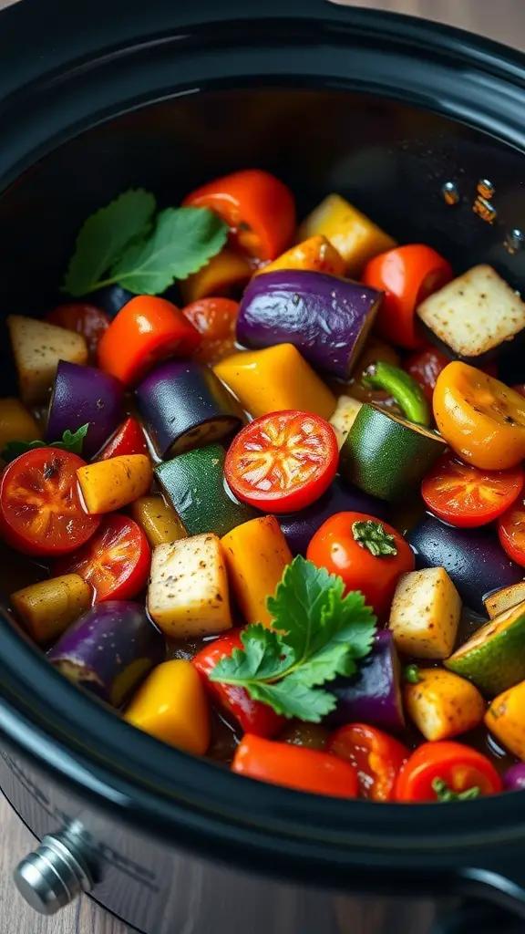 A colorful mix of vegetables including eggplant, zucchini, tomatoes, and bell peppers in a crockpot.