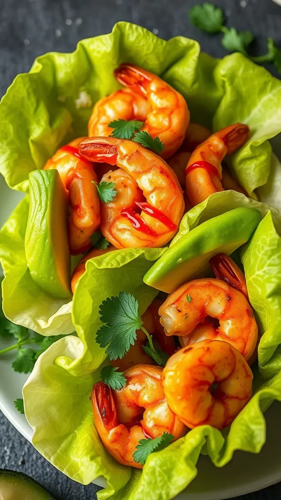 Spicy shrimp and avocado in lettuce wraps garnished with cilantro