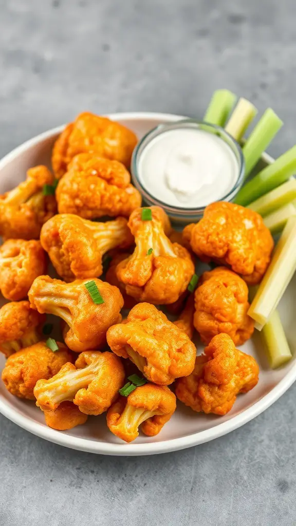 A plate of cauliflower buffalo wings with celery sticks and dipping sauce
