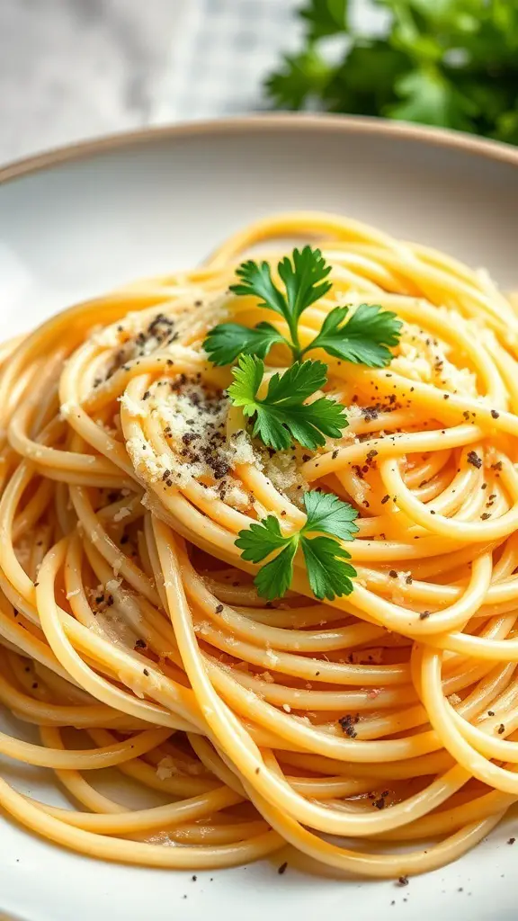 A plate of creamy garlic parmesan spaghetti garnished with parsley and black pepper.