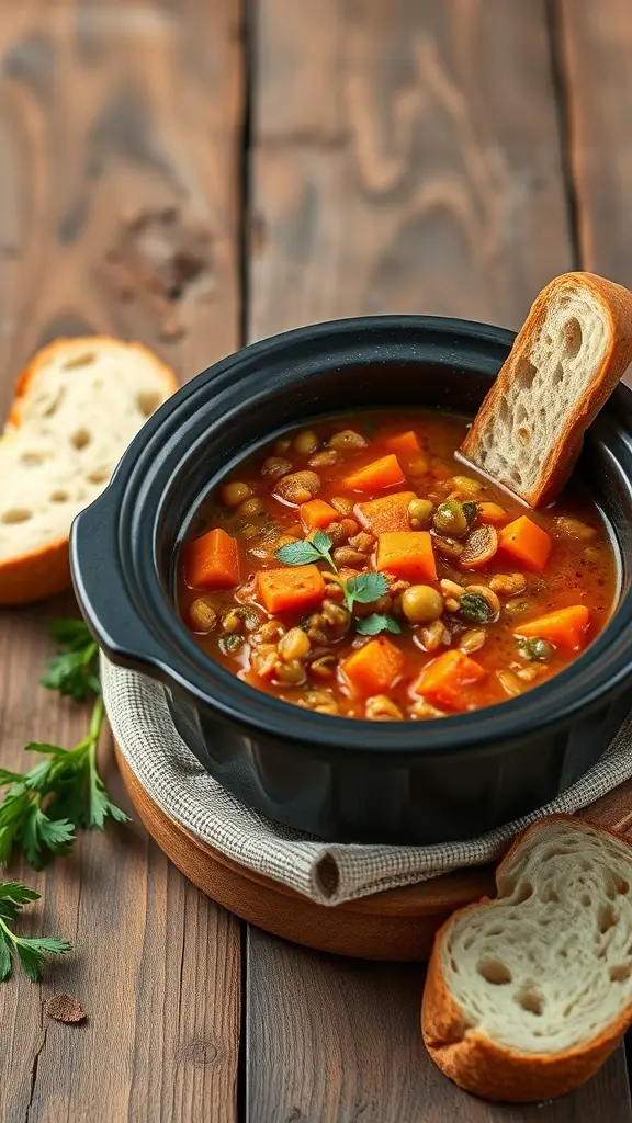 A bowl of vegetable lentil stew with bread on the side.