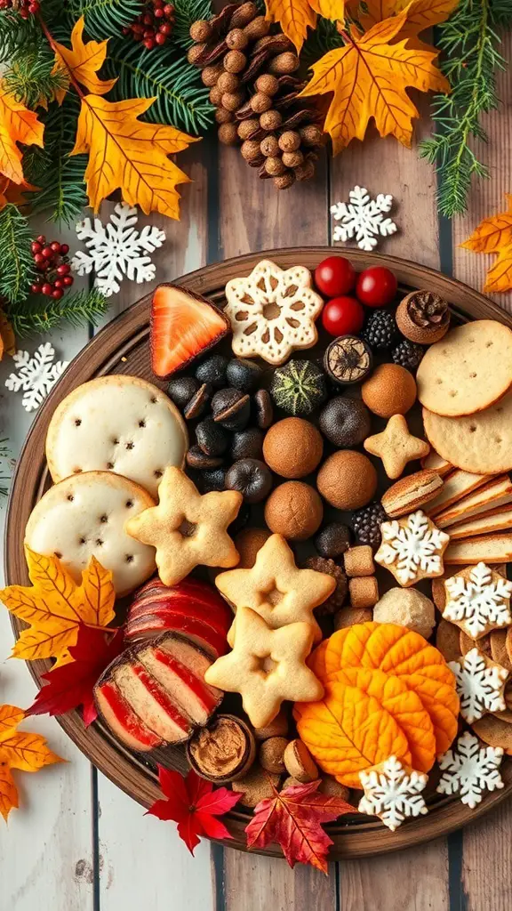 A seasonal cookie charcuterie board featuring autumn-themed cookies, pumpkins, and colorful leaves.