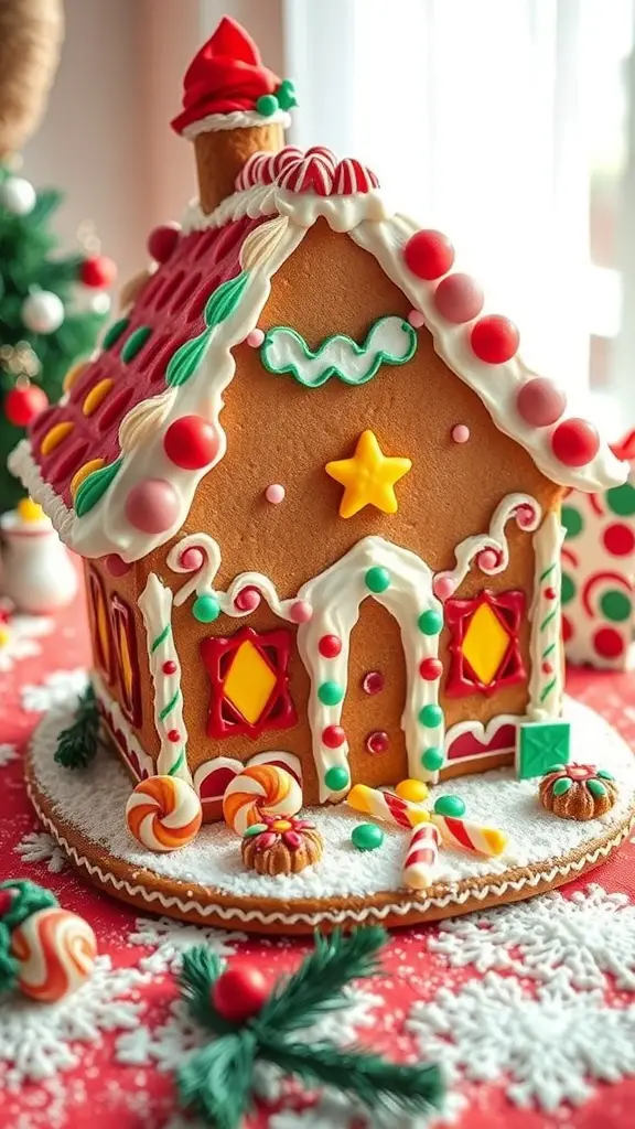 A colorful gingerbread house decorated with icing and candies on a festive table.