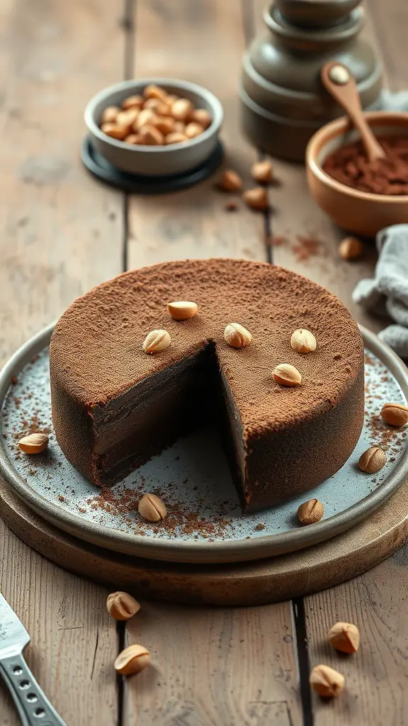 A rich chocolate hazelnut flourless cake with a slice cut out, garnished with hazelnuts and cocoa powder.