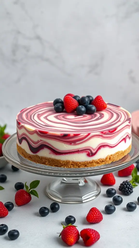 A beautiful berry swirl cheesecake topped with fresh berries on a glass cake stand.