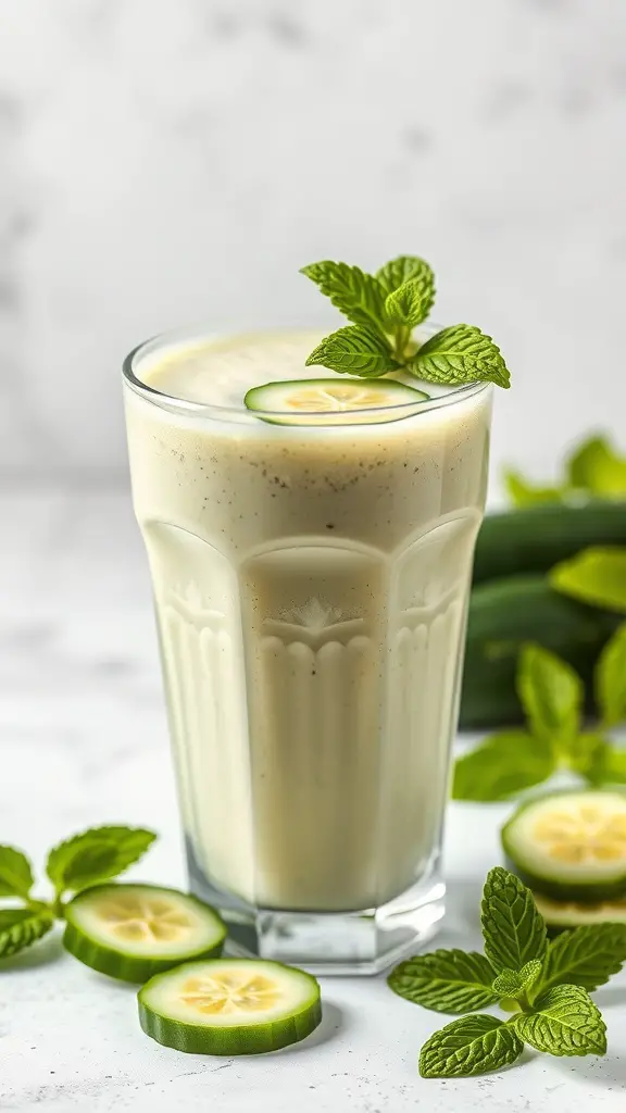 A refreshing cucumber mint smoothie in a glass, garnished with mint leaves and cucumber slices.