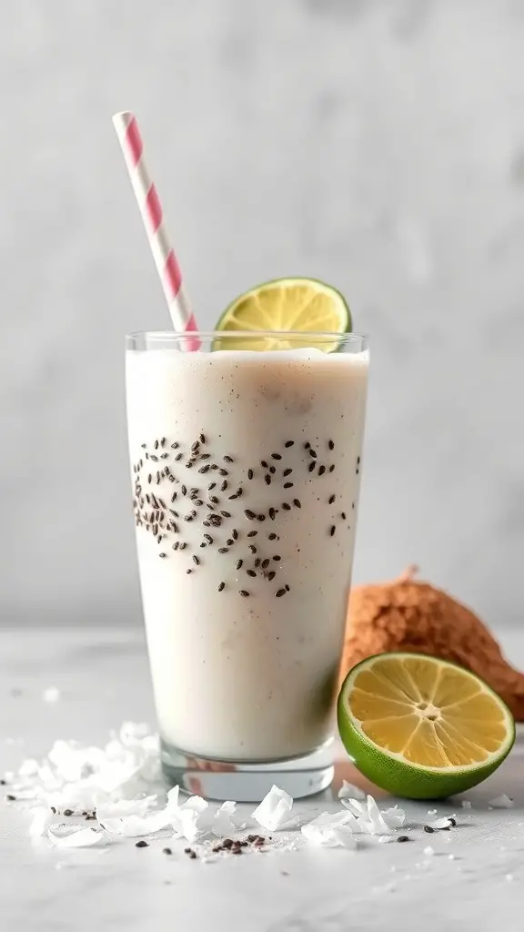 A refreshing Coconut Chia Seed Energizer smoothie in a tall glass with a pink straw, topped with chia seeds and a slice of lime.