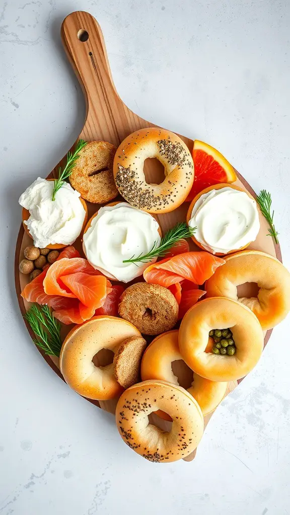 A wooden board featuring a variety of bagels, cream cheese, smoked salmon, and fresh herbs.
