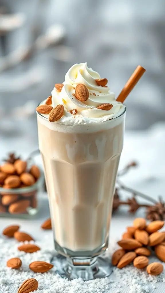 A glass of Vanilla Almond Milkshake topped with whipped cream and almonds, with a cinnamon stick beside it.