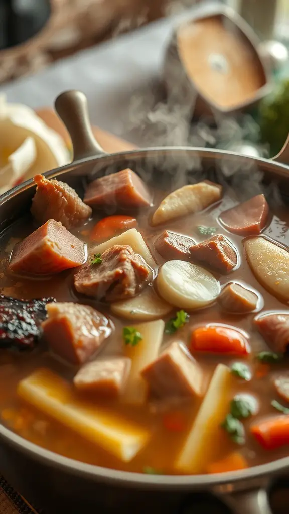 A pot of savory broth fondue with meat and vegetables, steaming and ready to serve.