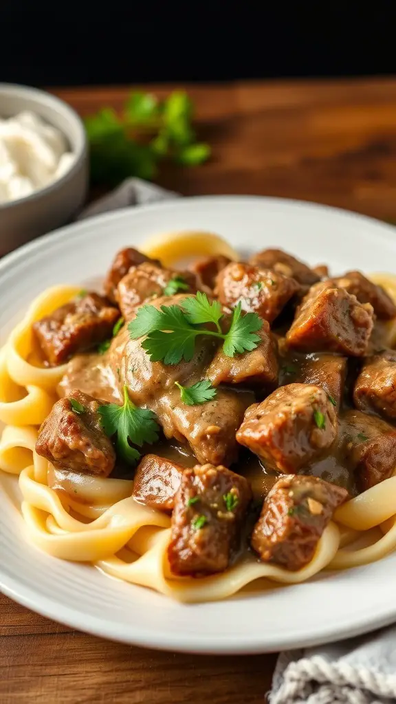 A plate of Beef Stroganoff served over egg noodles, garnished with parsley.