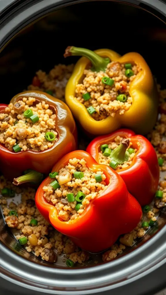 Stuffed bell peppers filled with quinoa and topped with green onions in a crockpot.