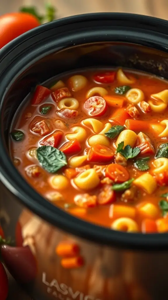 A bowl of minestrone soup with vegetables and pasta in a crockpot.