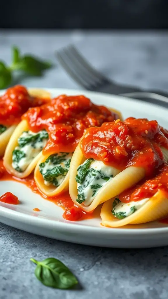 Plate of creamy spinach and ricotta stuffed pasta shells topped with tomato sauce