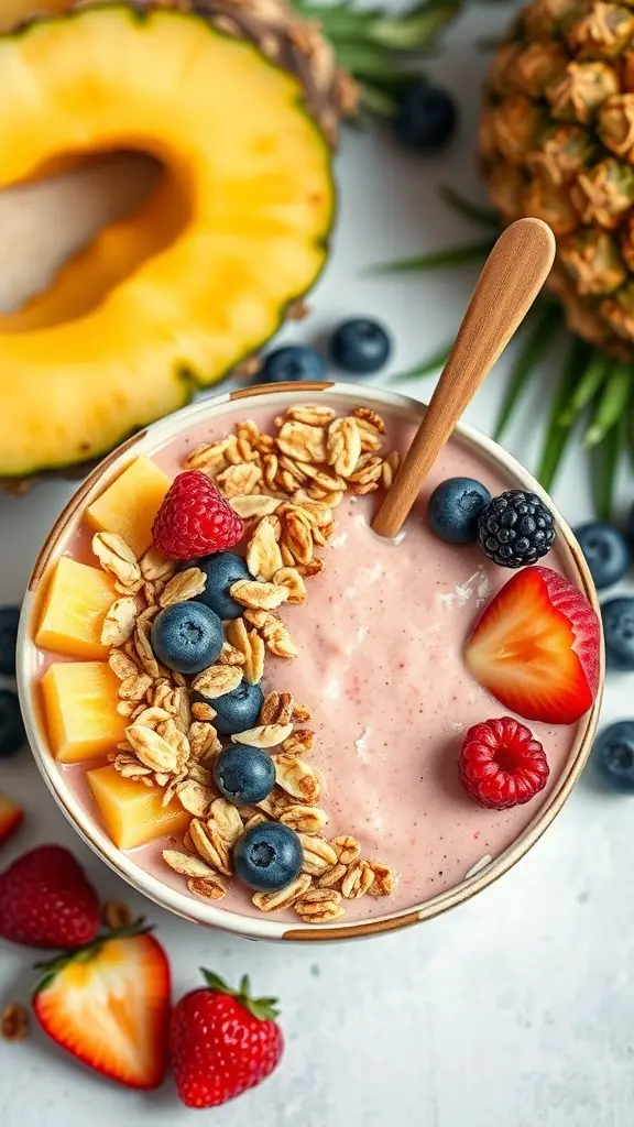 A colorful pineapple coconut smoothie bowl topped with fresh fruits and granola.