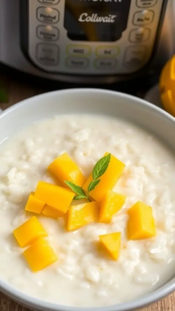 A bowl of coconut mango rice pudding topped with fresh mango pieces and mint leaves, with a multicooker in the background.
