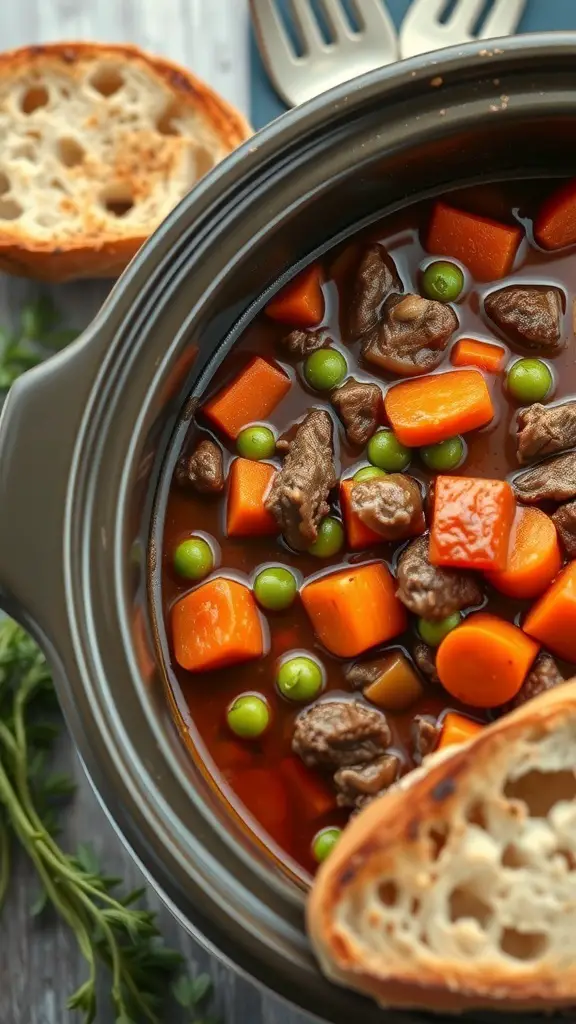 A bowl of beef stew with carrots and peas, accompanied by slices of bread.