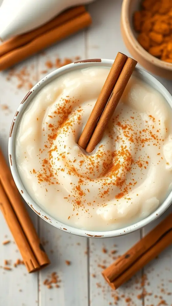 A bowl of arroz con leche topped with cinnamon and cinnamon sticks.