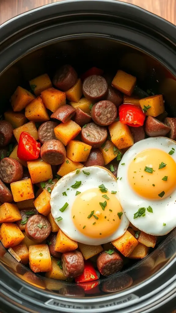 A crockpot filled with sausage, potatoes, peppers, and topped with two sunny-side-up eggs.