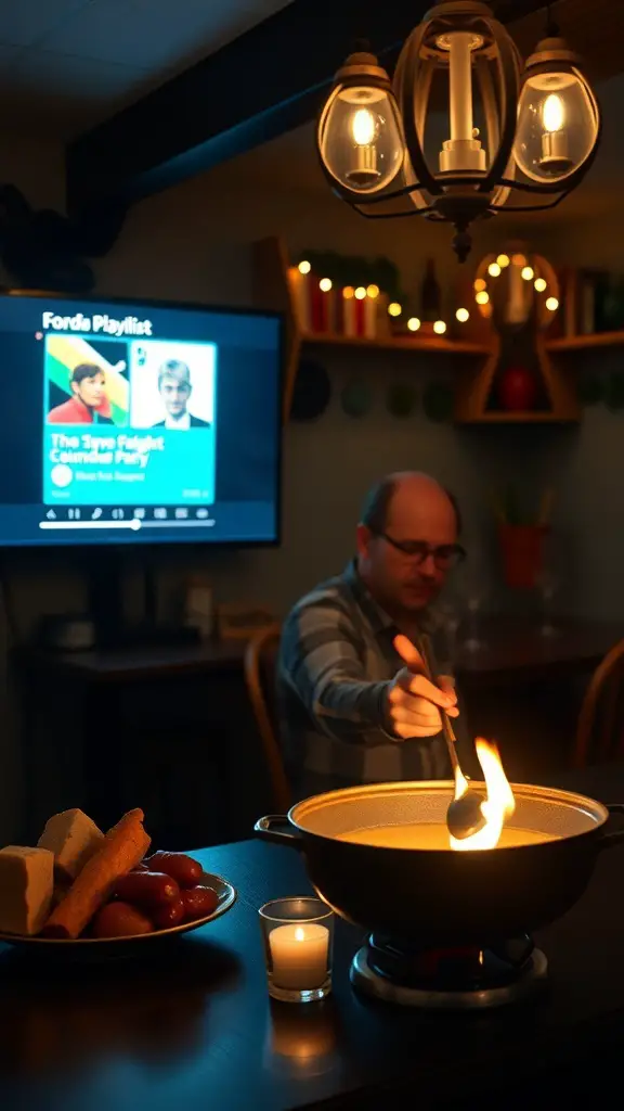 A cozy fondue party setup with a pot of melting cheese, a playlist on a screen, and delicious dippables.