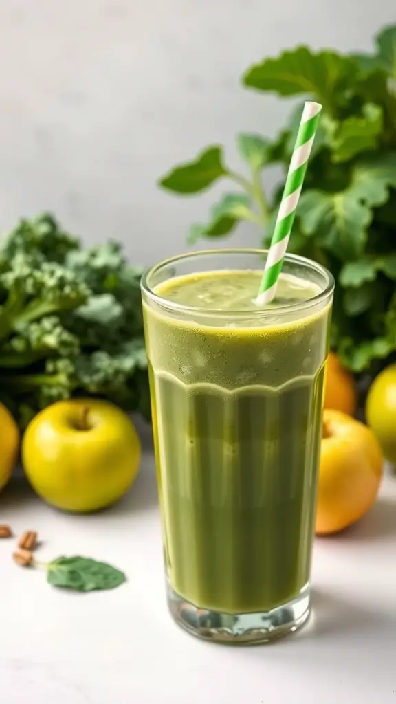 A glass of green juice with a striped straw, surrounded by fresh kale and green apples.