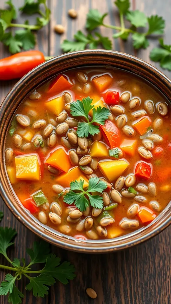 A bowl of vegetable soup with lentils, garnished with fresh herbs and colorful vegetables.