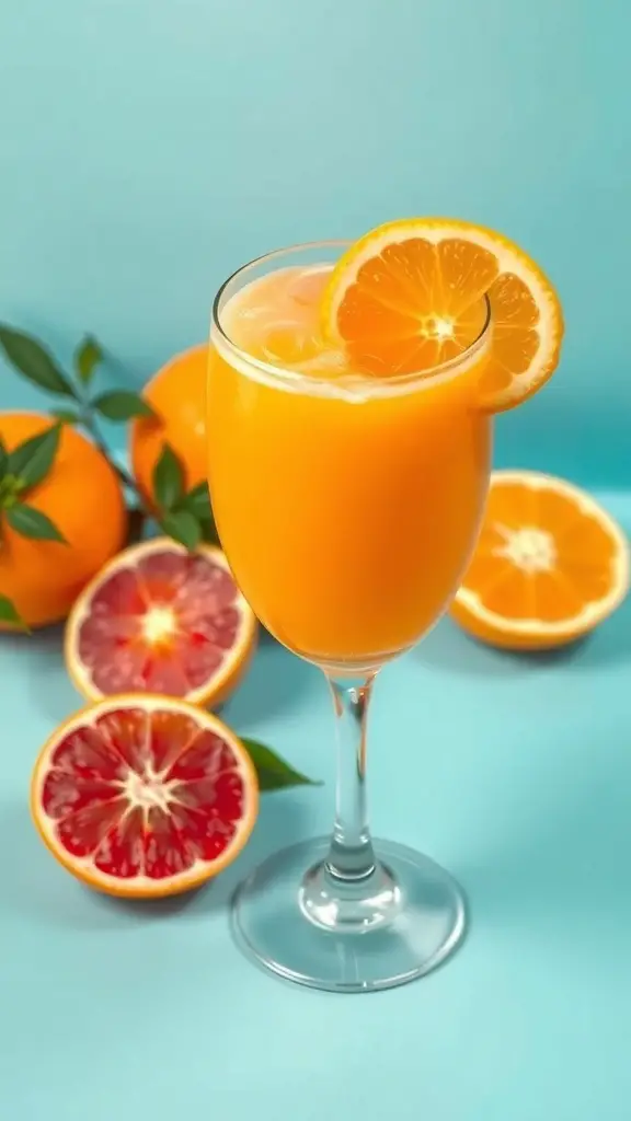 A glass of Citrus Sunrise Booster drink with oranges in the background